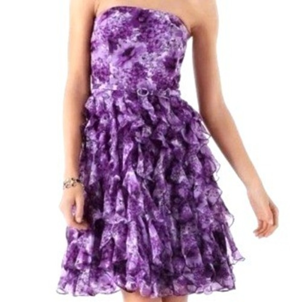 WHITE HOUSE BLACK MARKET 6 Purple Floral Strapless Ruffle Tiered Cocktail Dress